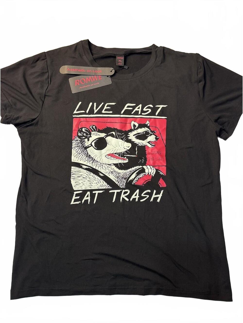 ROMWE Live Fast Eat Trash Graphic T-Shirt Black XL